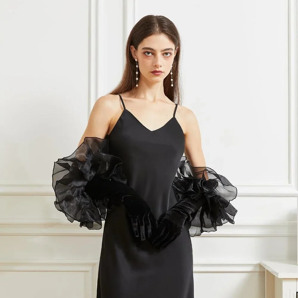 Women's Velvet Black 65cm Satin Tulle  Puff Long Gloves Banquet Wedding Party